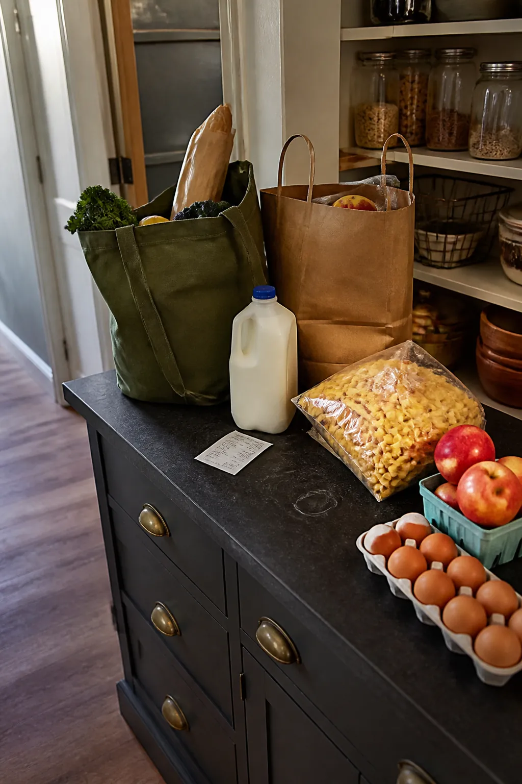 Walk-in pantry with practical grocery landing counter