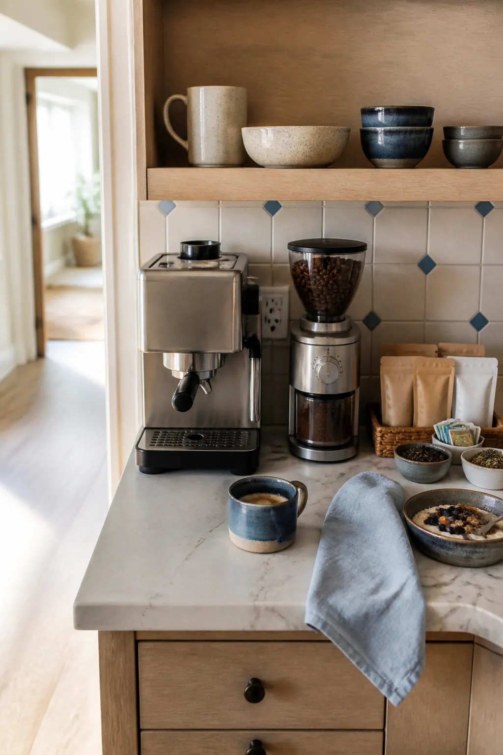 Walk-in pantry coffee bar with mugs and breakfast supplies