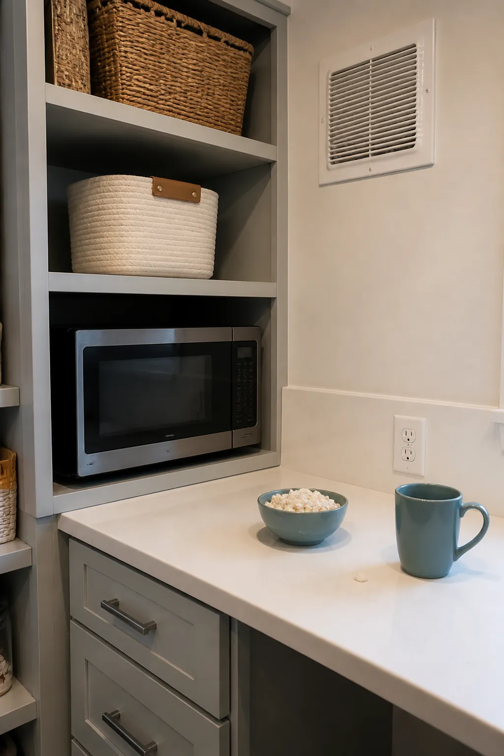 Walk-in pantry microwave shelf with clear landing surface