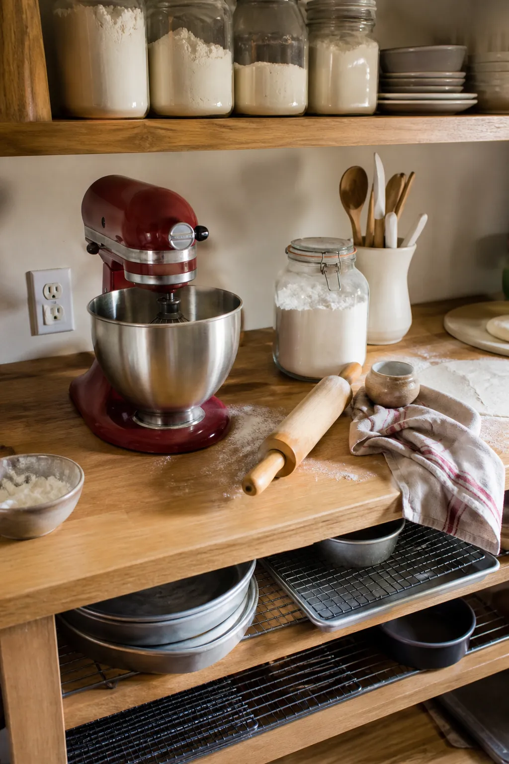 Pantry baking station with mixer and ingredients