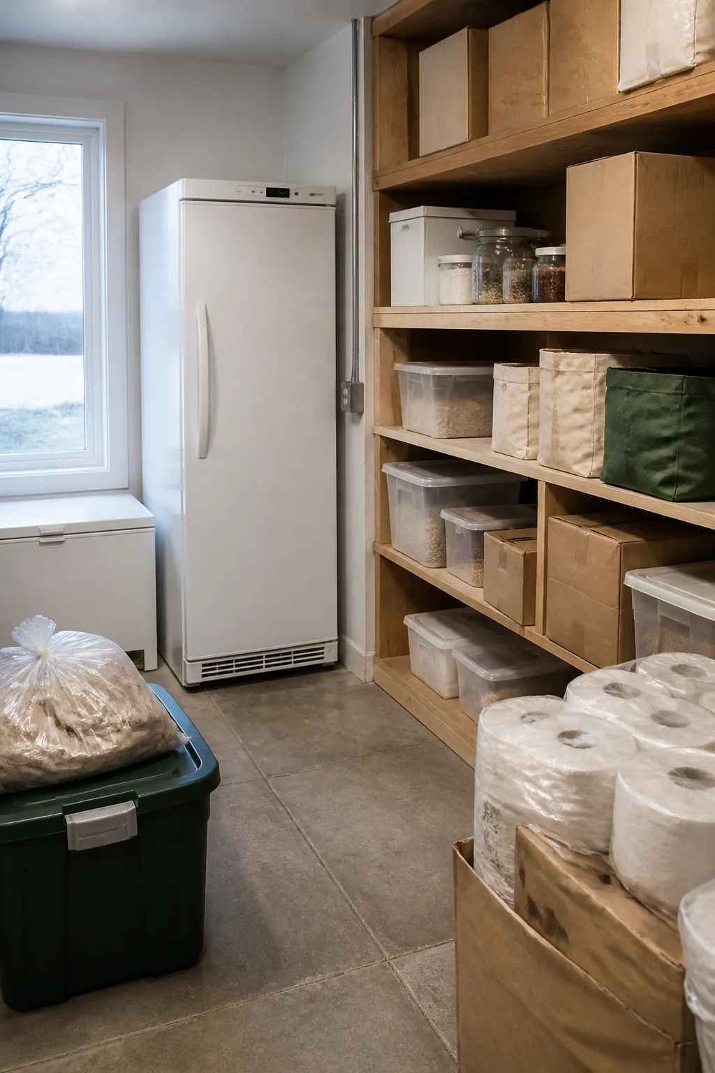 Walk-in pantry with compact freezer for bulk food storage