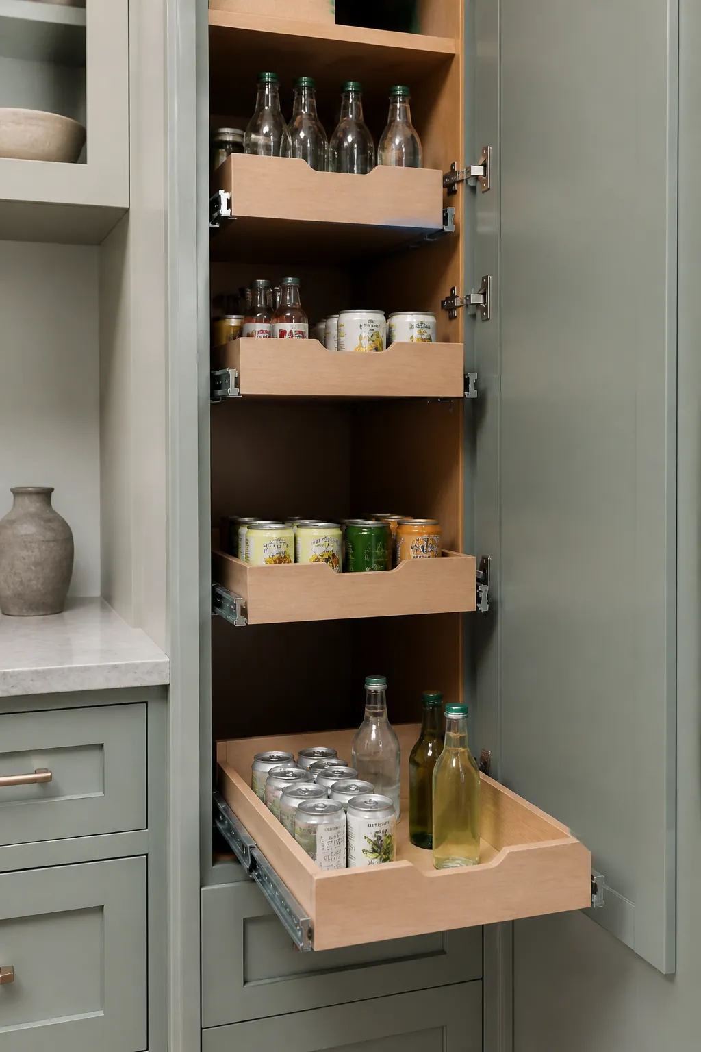 Deep pantry cabinet with individual rollout trays