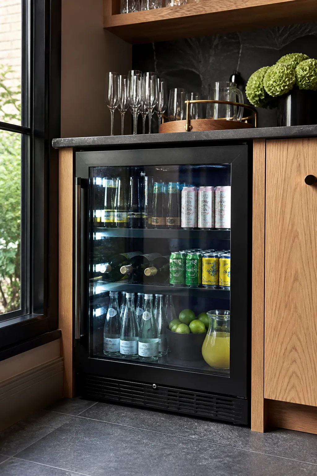 Walk-in pantry with undercounter beverage refrigerator