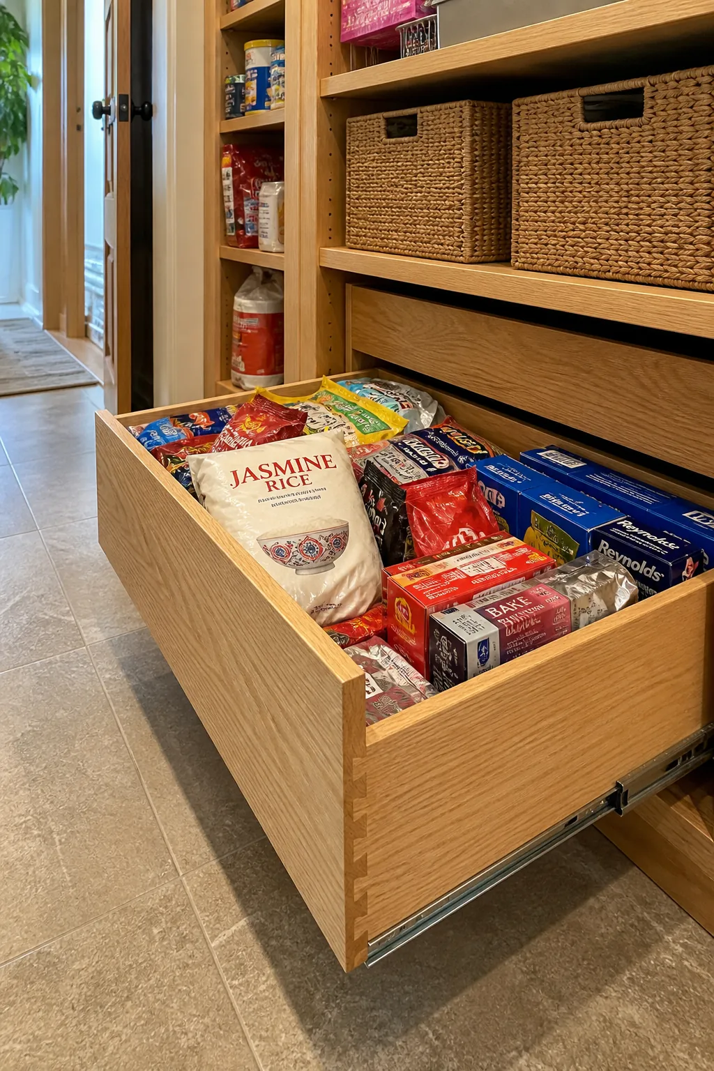 Walk-in pantry with full-extension drawers for food packets