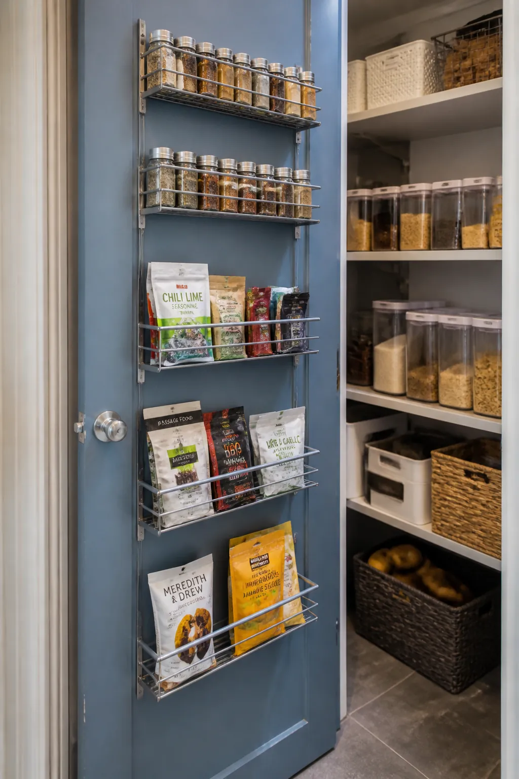 Pantry door fitted with shallow racks for spices and packets