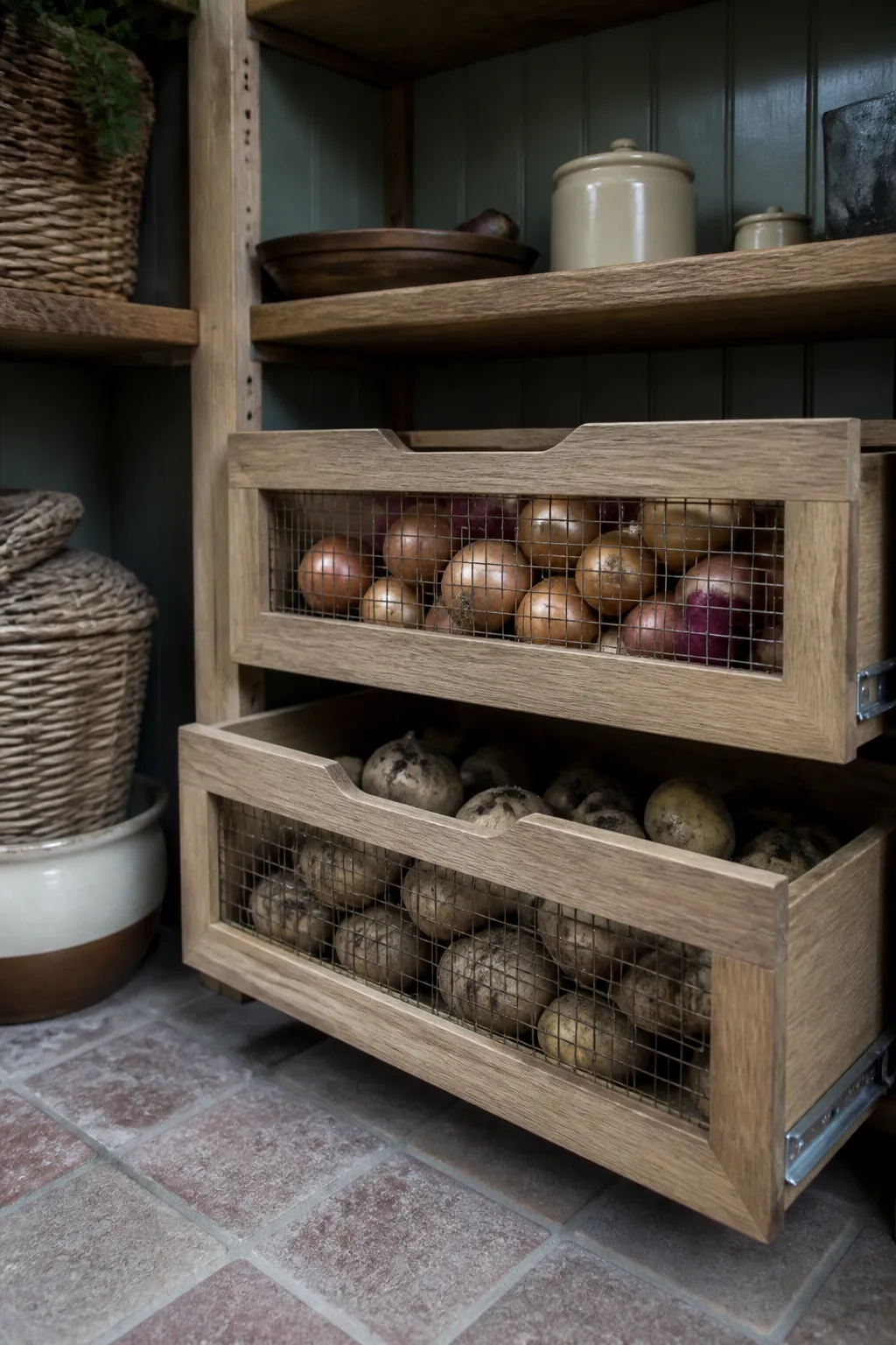 Walk-in pantry with ventilated drawers for onions and potatoes
