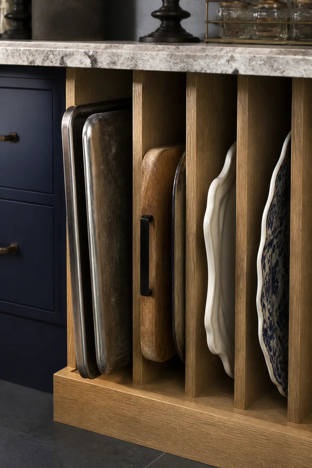 Walk-in pantry with vertical dividers for trays and platters