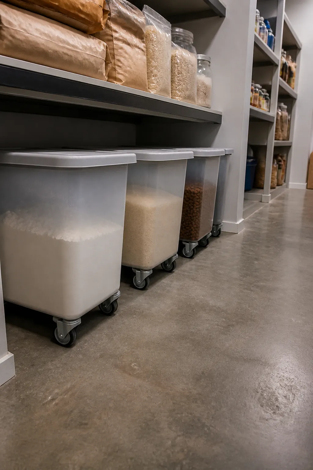 Walk-in pantry with rolling bulk food bins