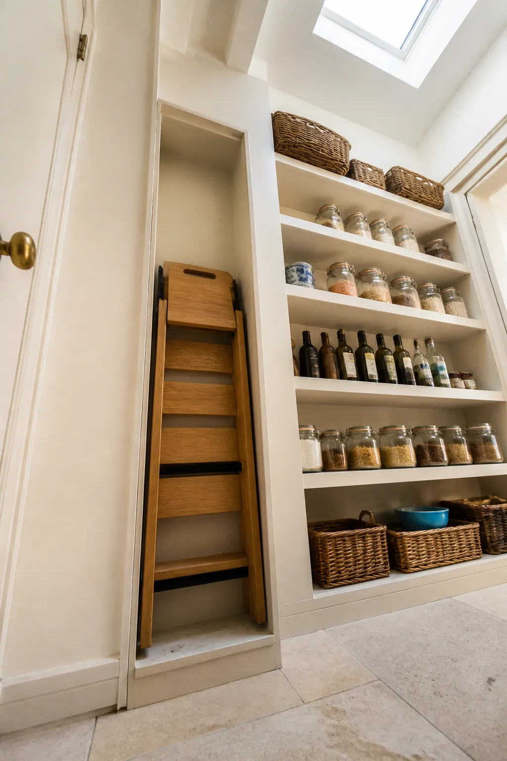 Walk-in pantry with dedicated bay for folding step stool