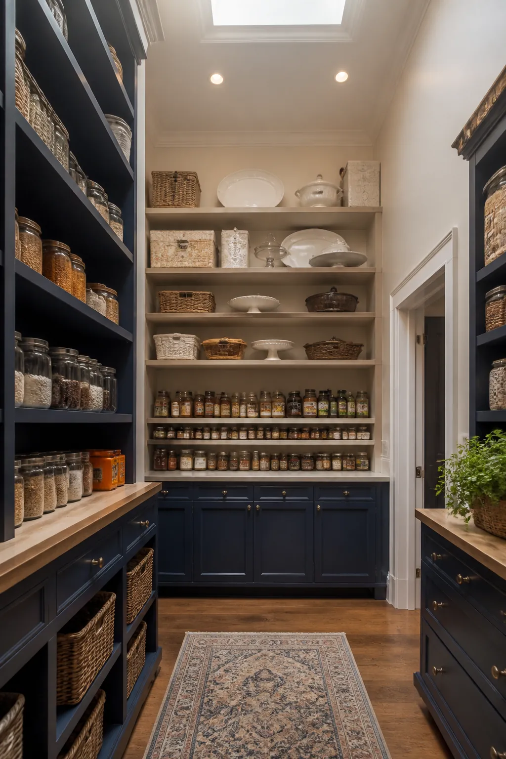 Floor-to-ceiling pantry shelves with seasonal items above