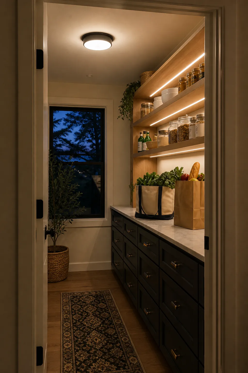 Walk-in pantry illuminated by motion-sensor ceiling and shelf lights