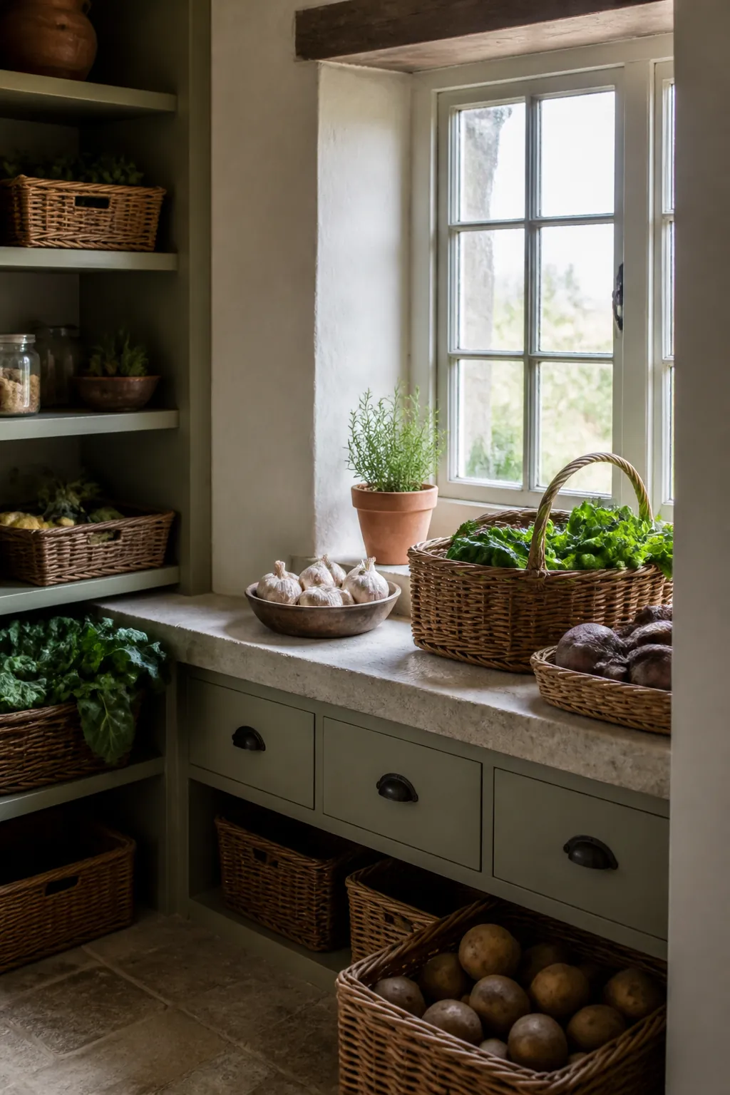 Walk-in pantry with low storage beneath a window