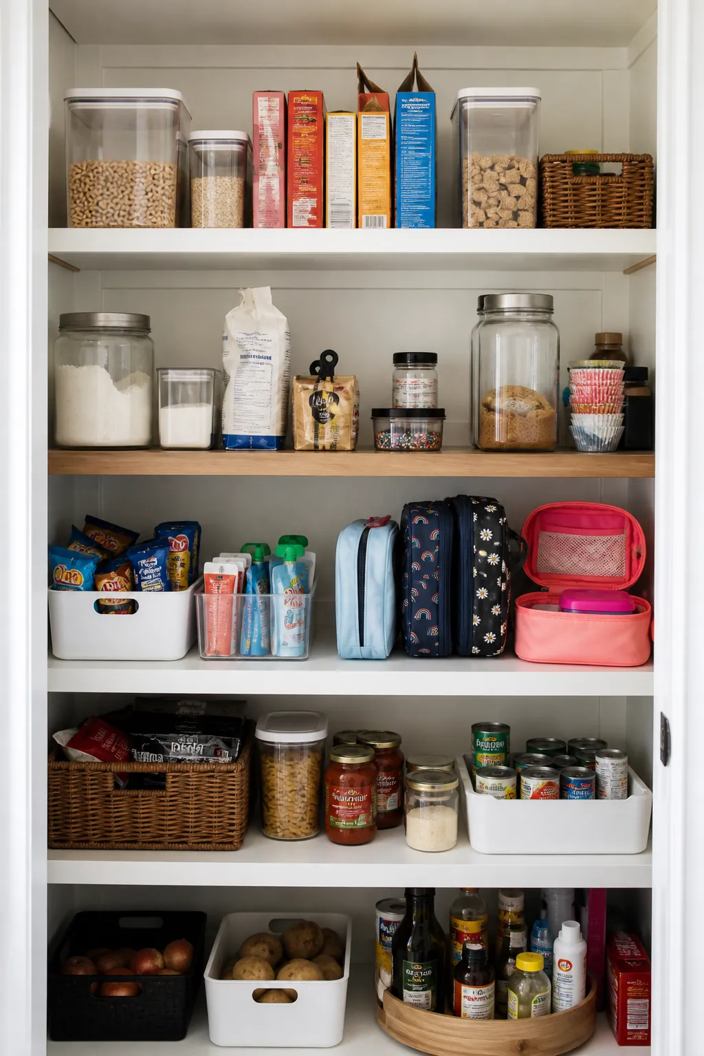 Walk-in pantry organized into breakfast baking and dinner zones