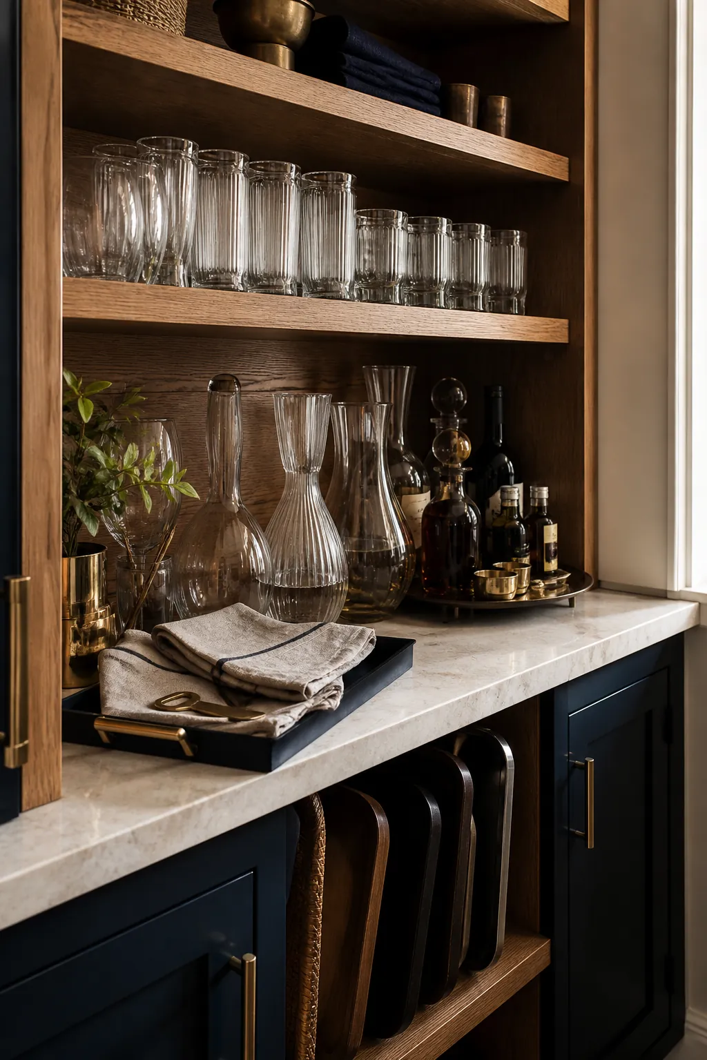 Walk-in pantry entertaining zone with glassware and serving pieces