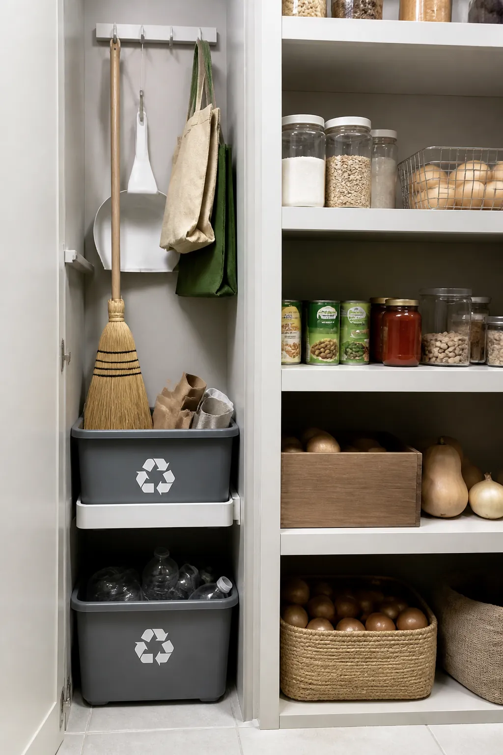 Walk-in pantry with slim broom and recycling utility zone