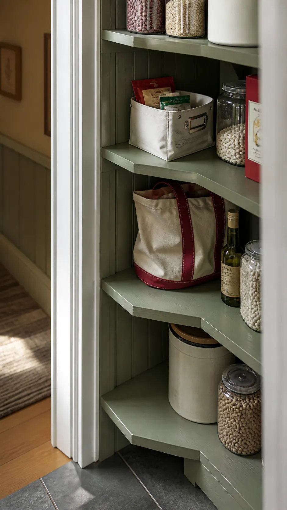 Narrow pantry shelves with cutaway corners near the doorway