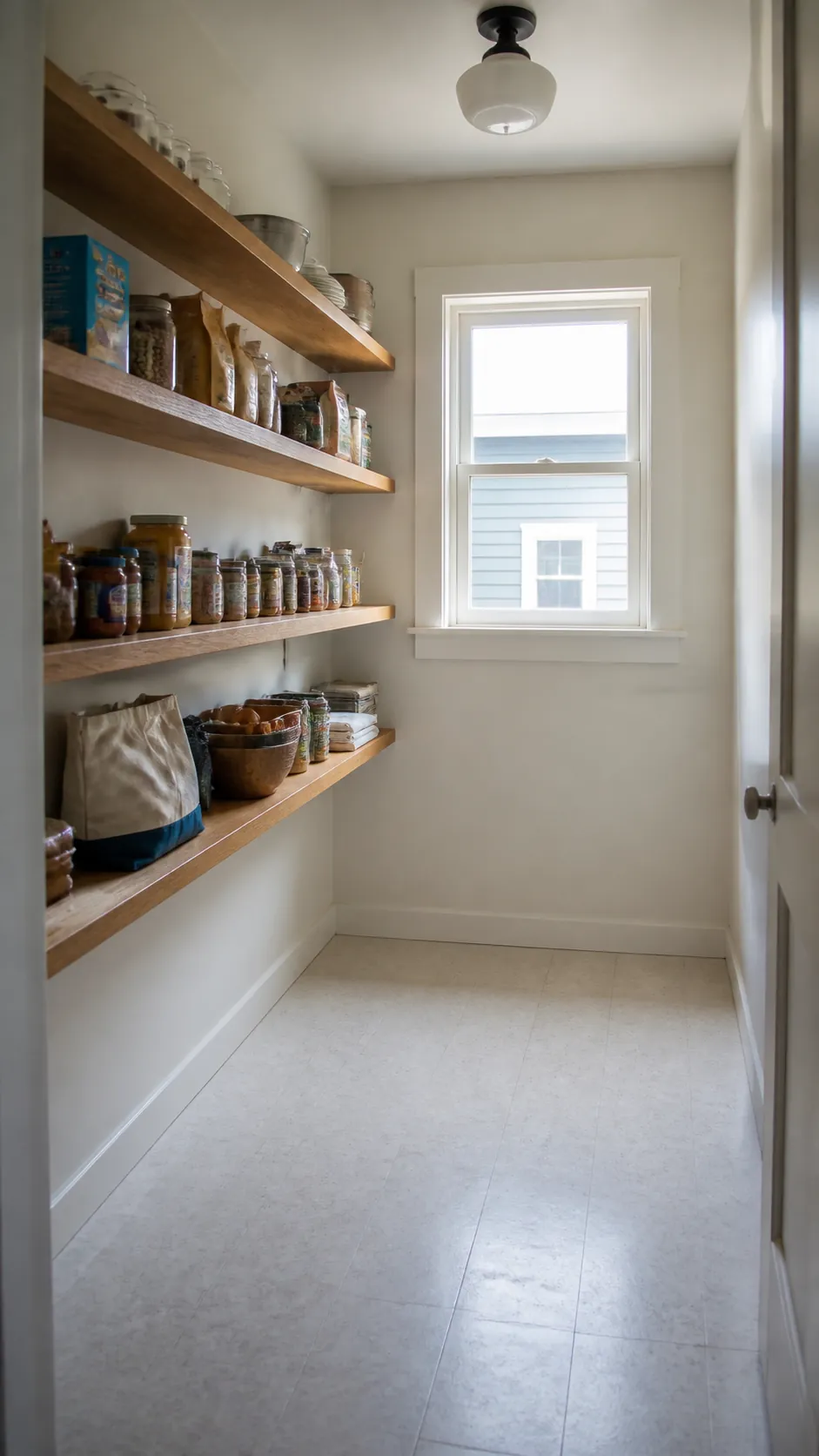 Small walk-in pantry with one shallow shelf wall and clear aisle
