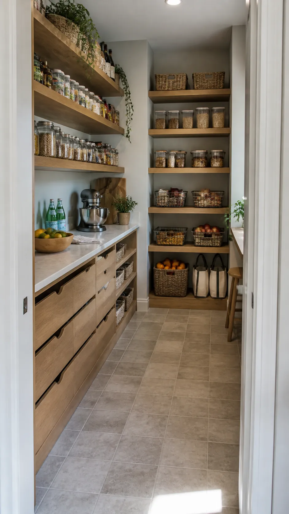 Bright compact walk-in pantry with shallow shelves and clear aisle