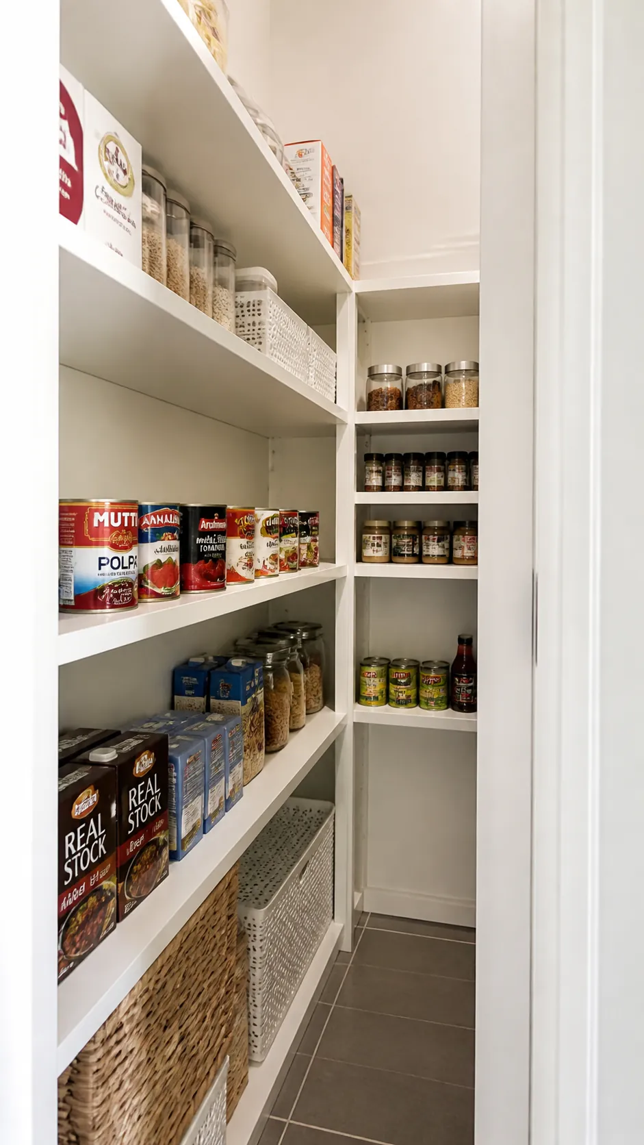 Small L-shaped pantry with half-depth short shelves