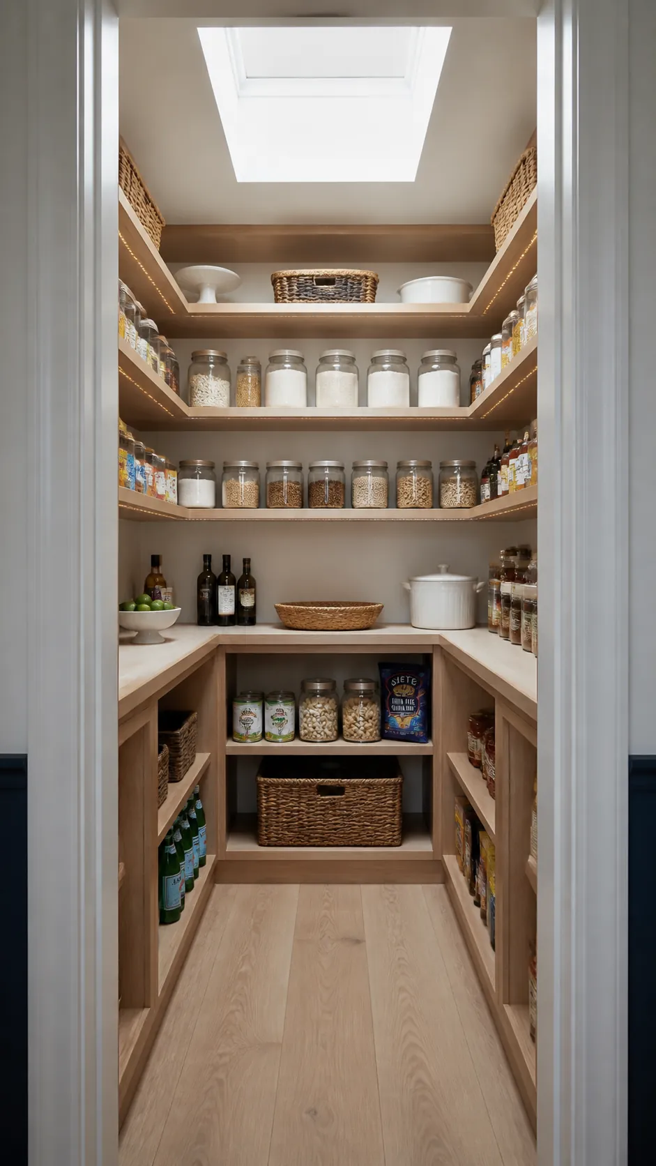 Compact five-foot pantry with shallow U-shaped shelving