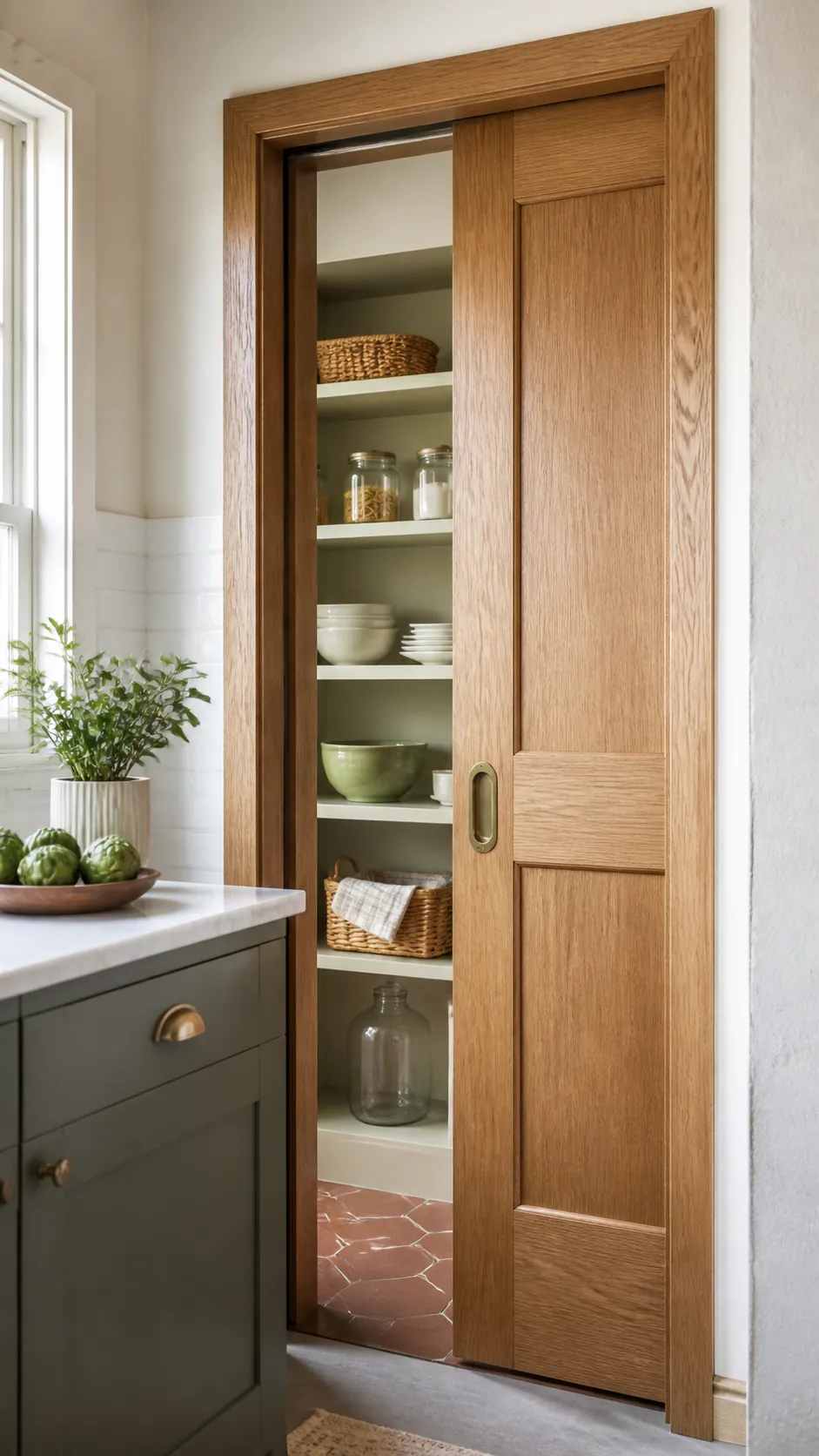 Small walk-in pantry with pocket door preserving wall storage