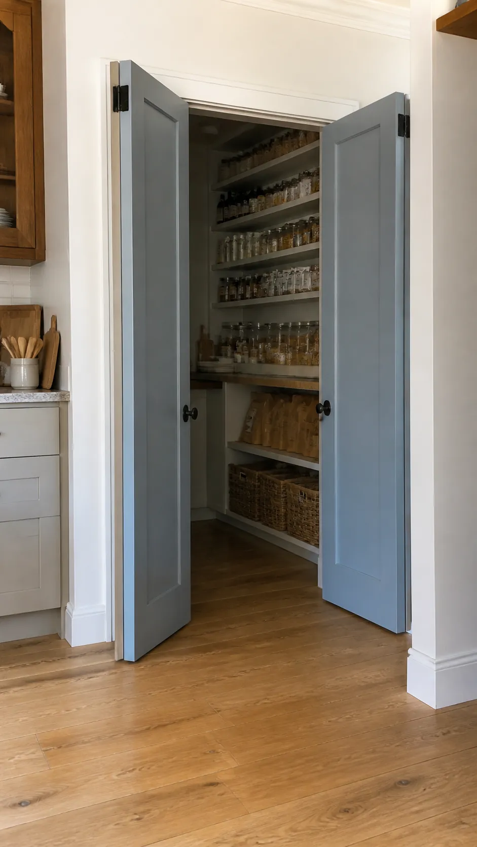 Small pantry with narrow double doors opening outward