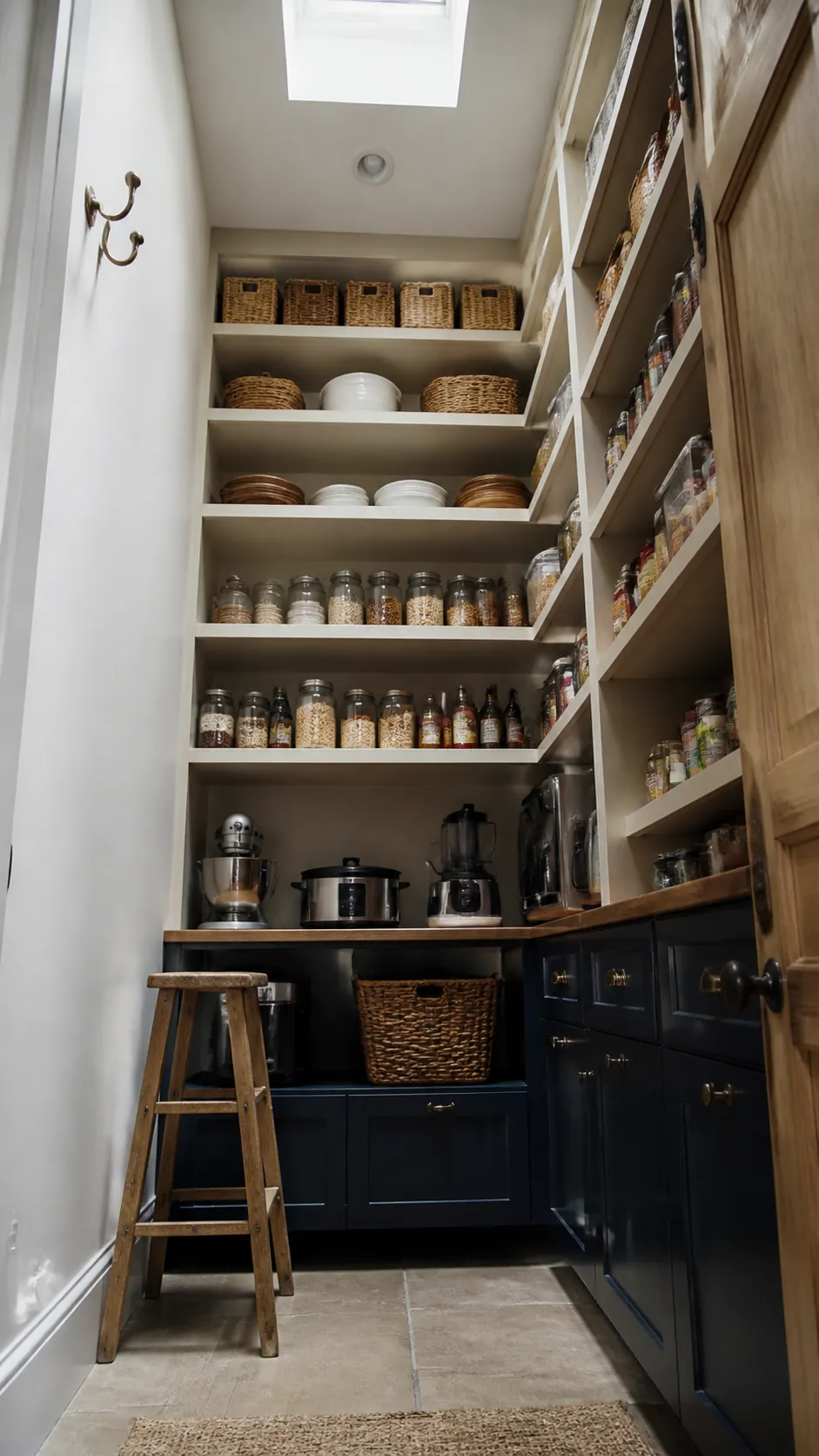 Small pantry with floor-to-ceiling shelves and daily items centered