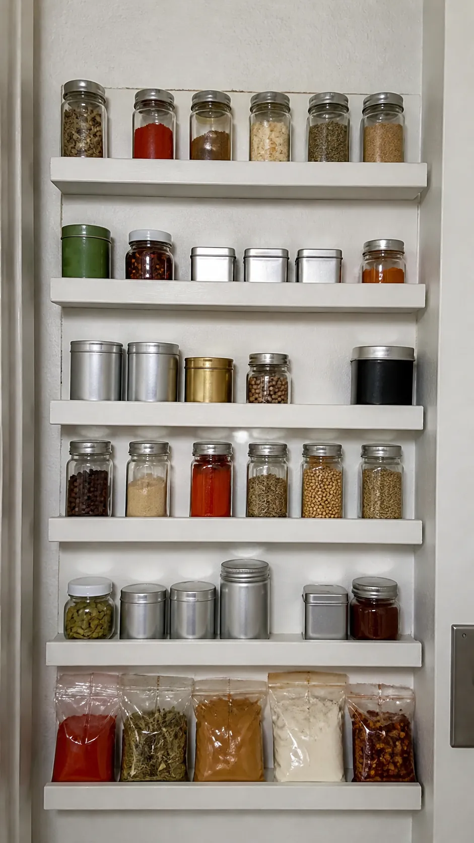 Small walk-in pantry with six-inch spice shelves