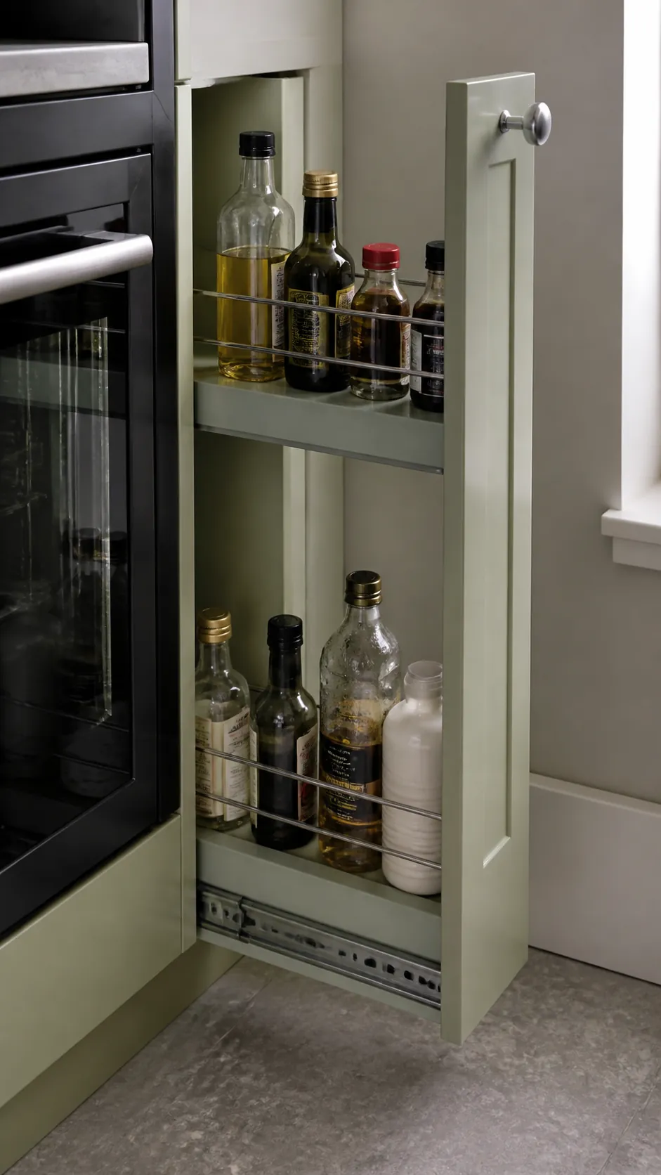 Small pantry with slim pullout for bottles and sauces
