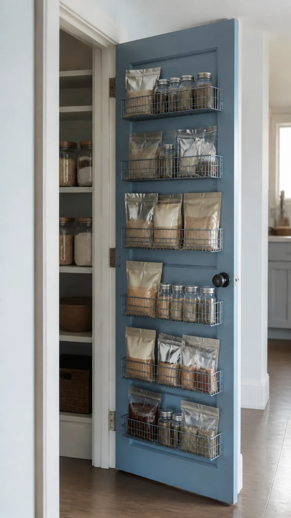 Small pantry door with shallow storage racks
