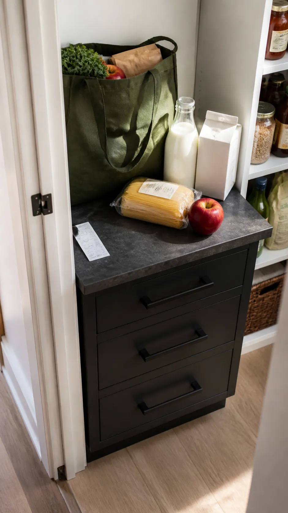 Small walk-in pantry with short grocery landing counter