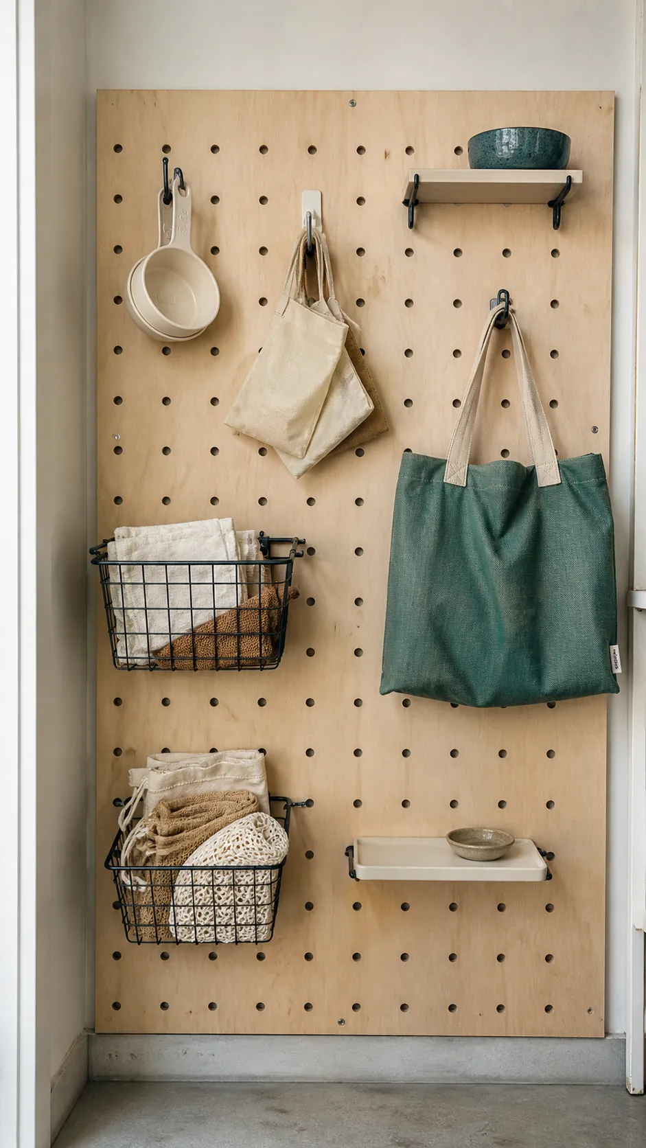 Small walk-in pantry with flexible pegboard wall storage