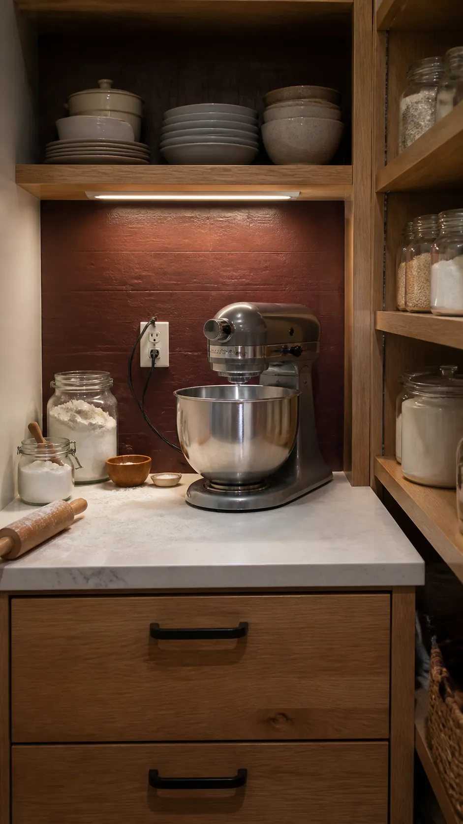 Small pantry with compact appliance niche at counter height