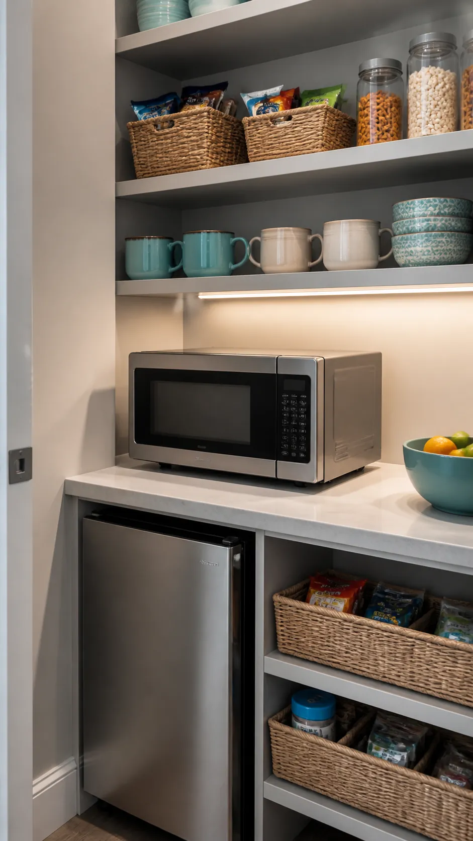 Small pantry microwave shelf with ventilation and landing space