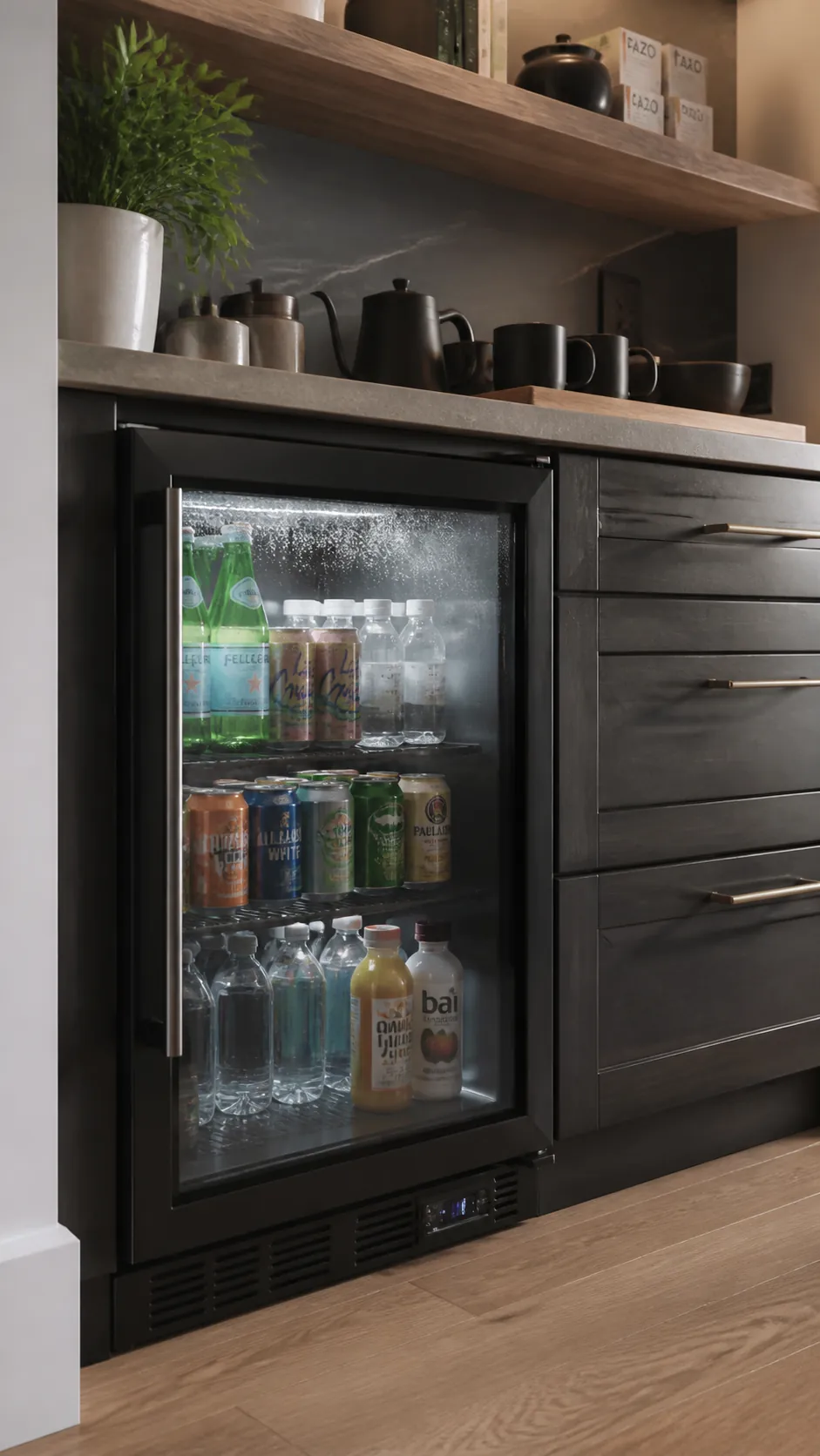 Small walk-in pantry with undercounter mini beverage refrigerator