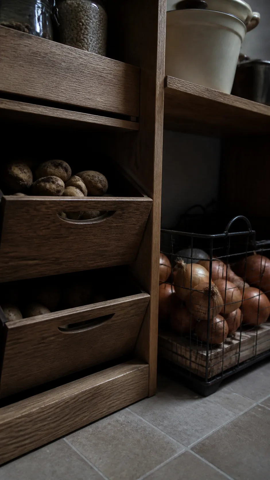 Small pantry with dark ventilated potato storage