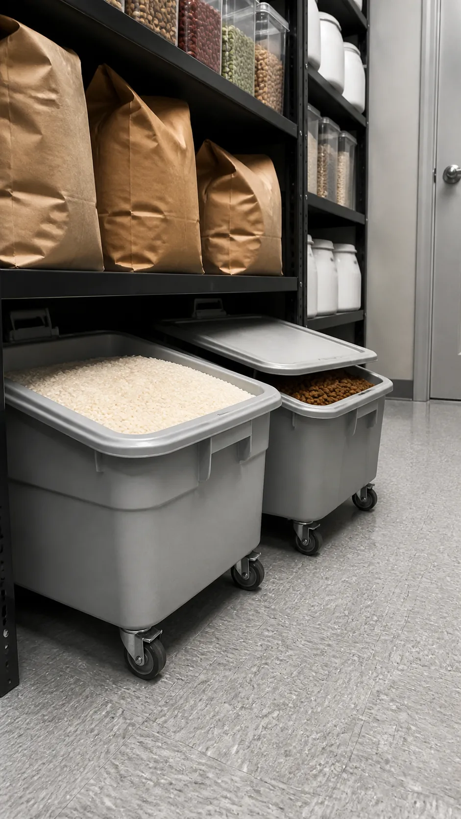 Small pantry with rolling bulk bins beneath shelves