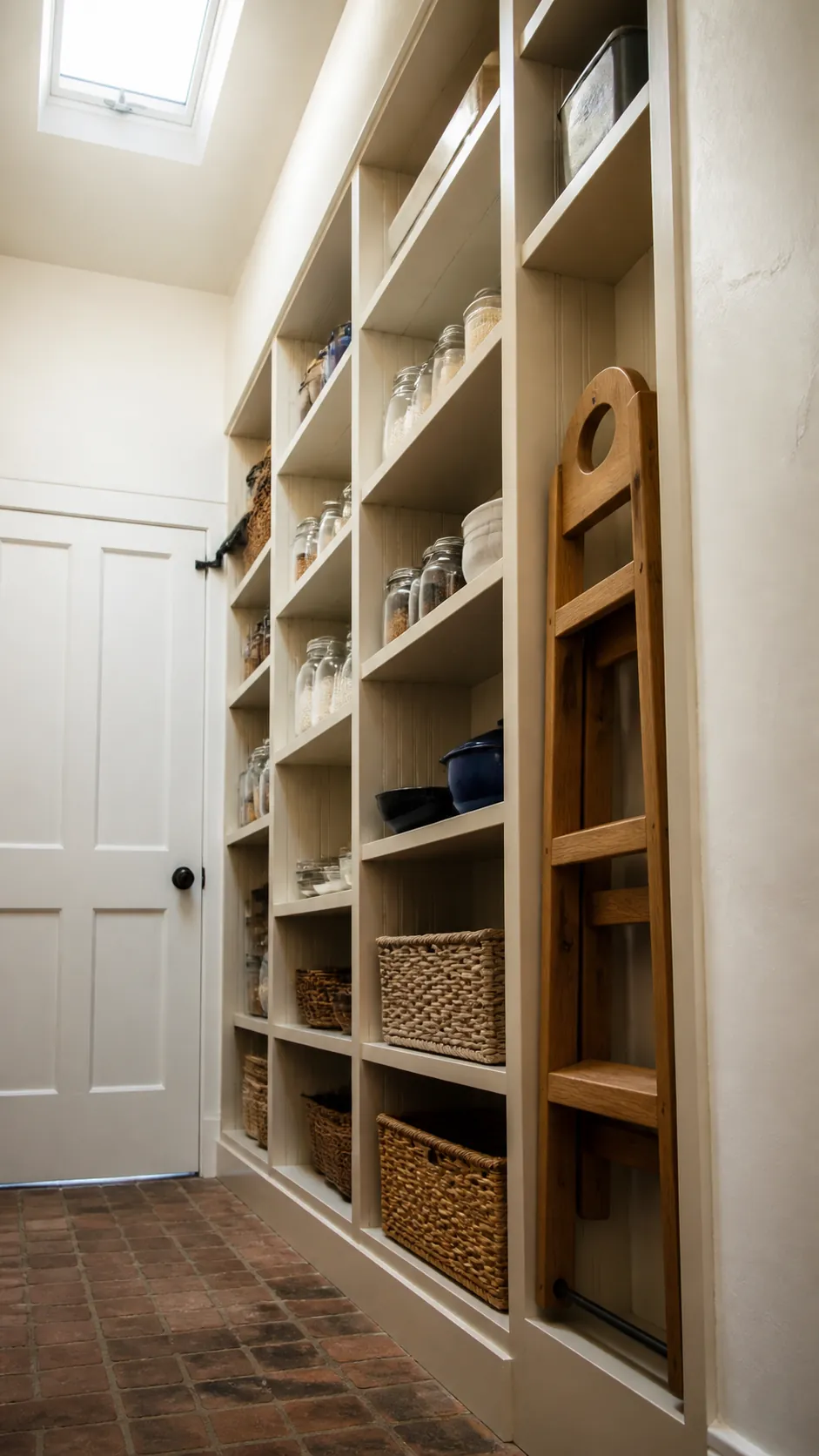 Small walk-in pantry with dedicated folding step stool slot