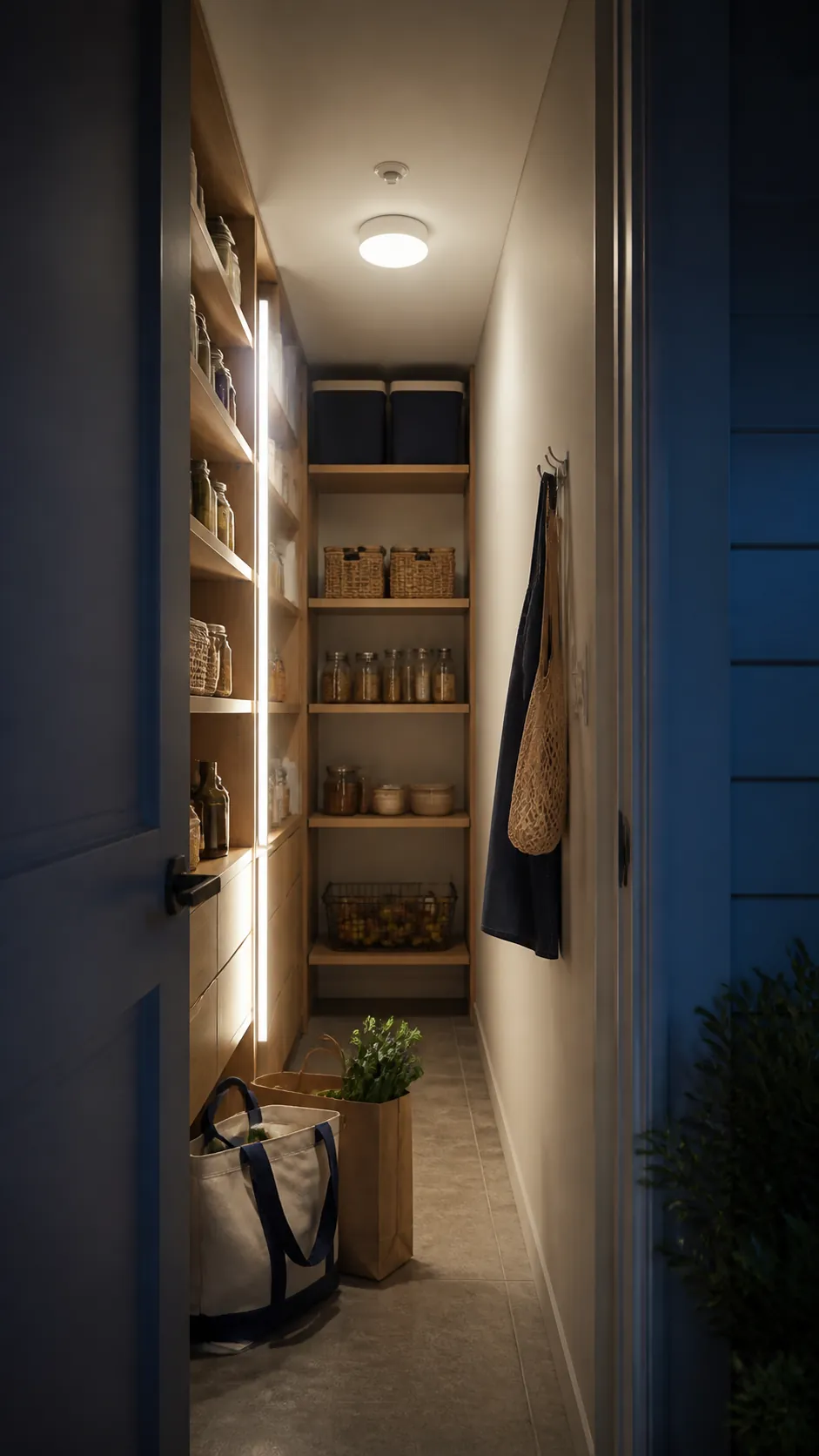 Small pantry with bright motion-sensor lighting