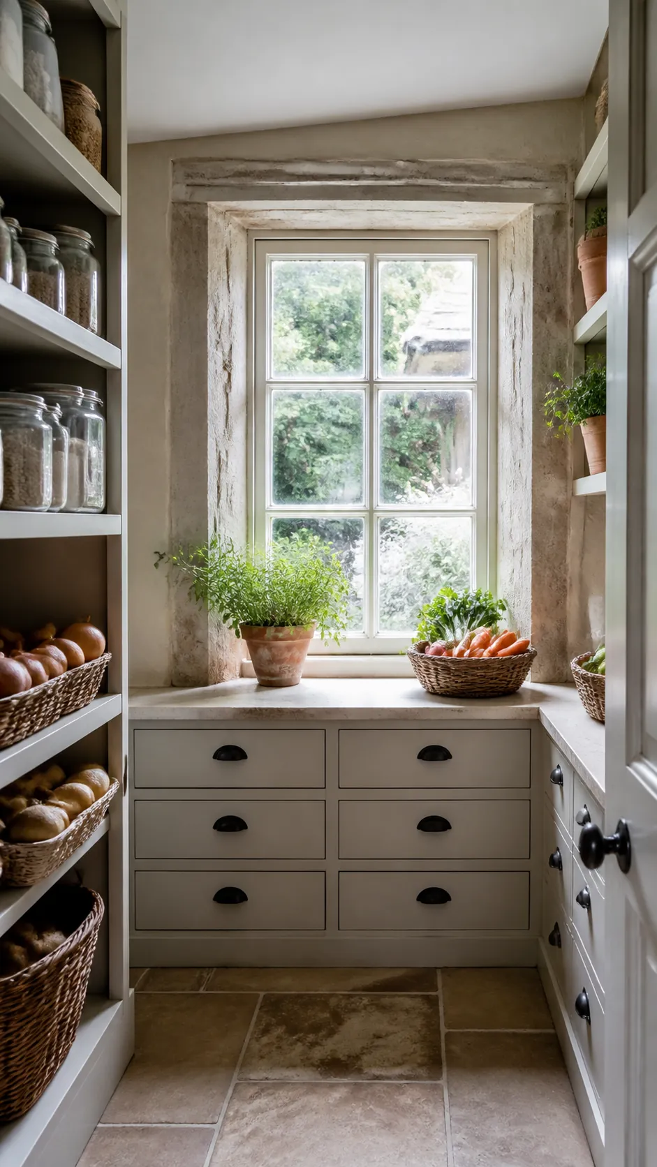 Small pantry with low drawers beneath a window