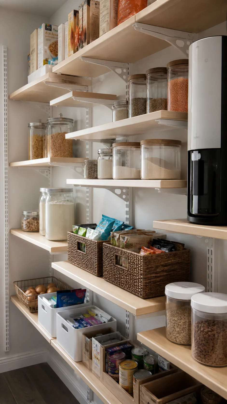 Small pantry with adjustable track shelving