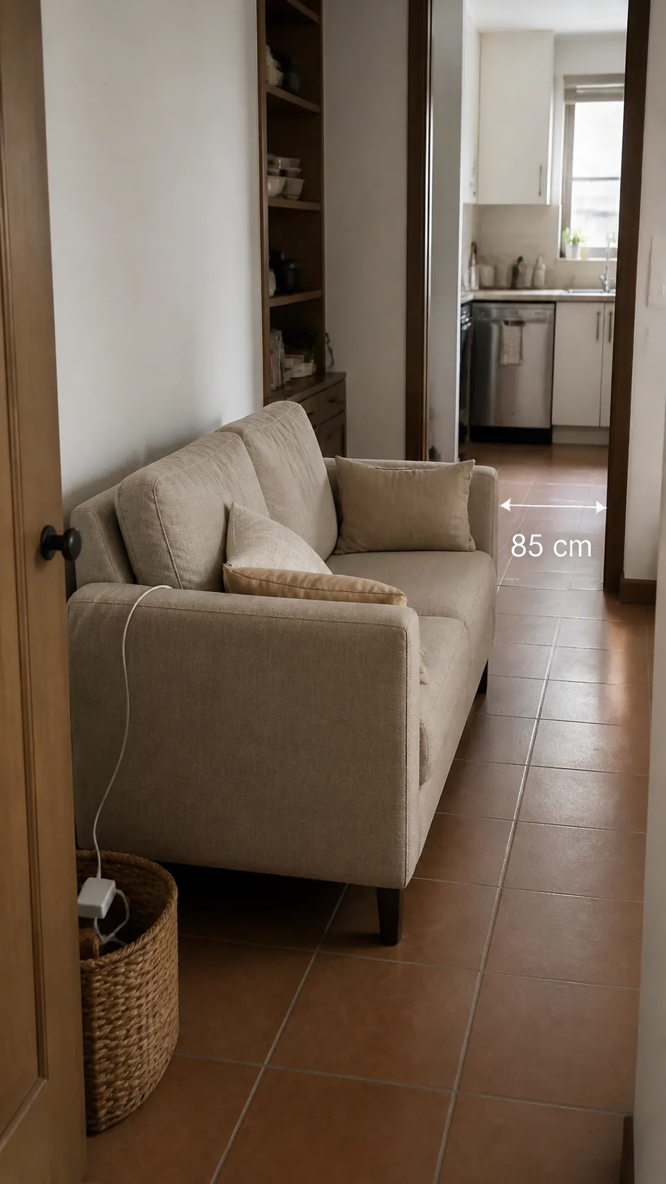 Compact sofa floating in a small house living room with a clear walkway