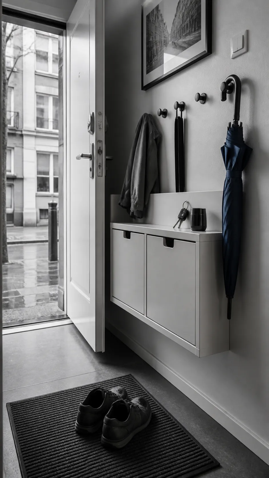 Shallow wall-mounted entry storage in a very small house