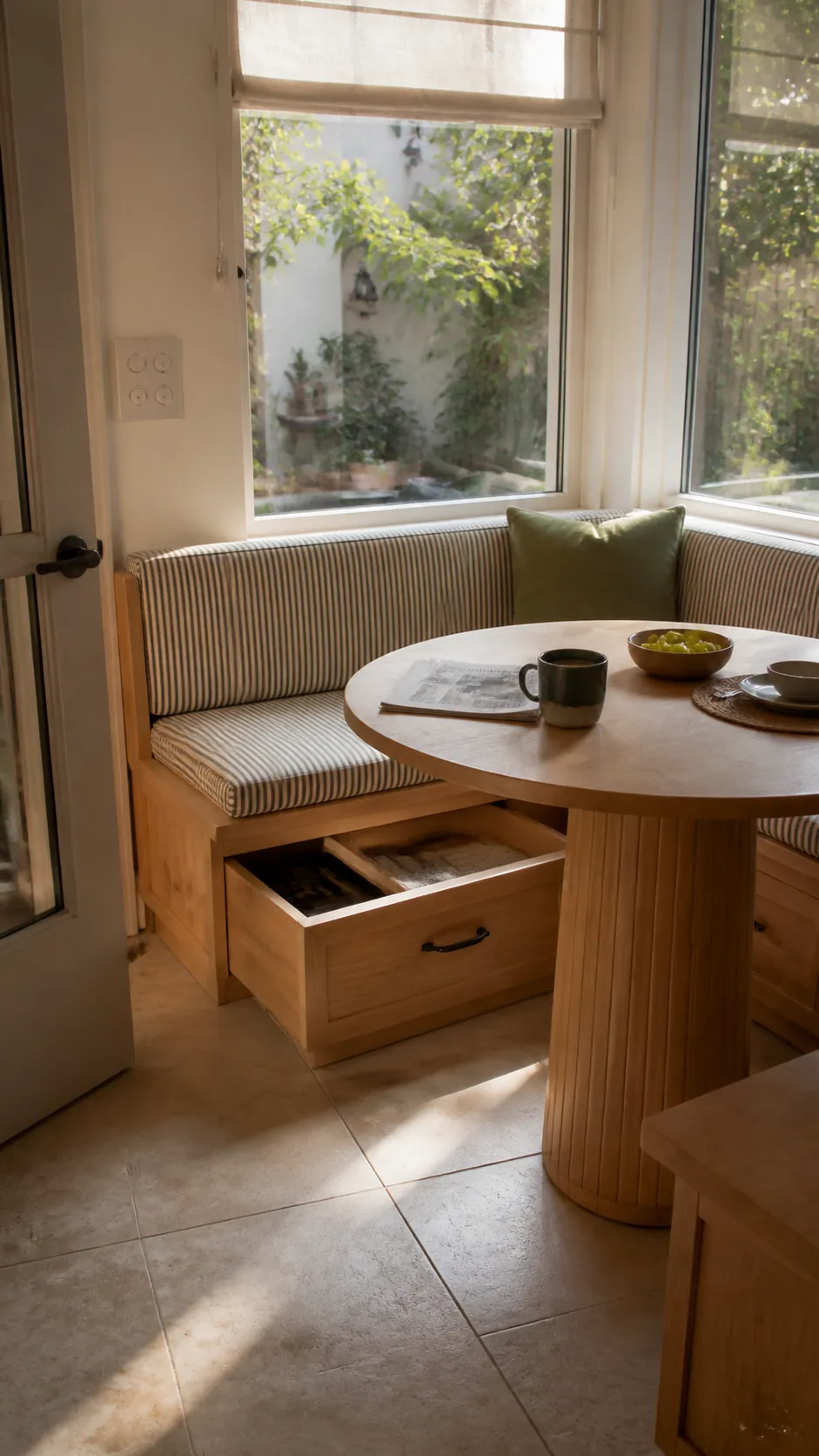 Small window dining nook with bench storage and pedestal table