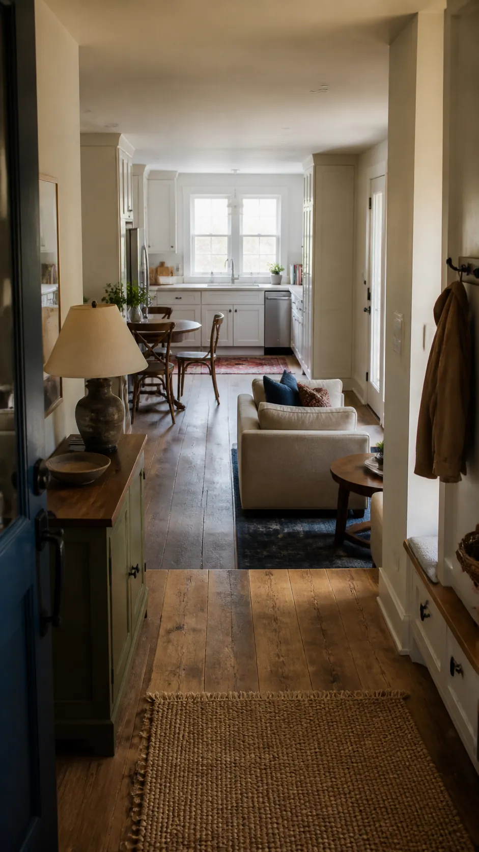 Small house interior with efficient connected living dining and kitchen zones