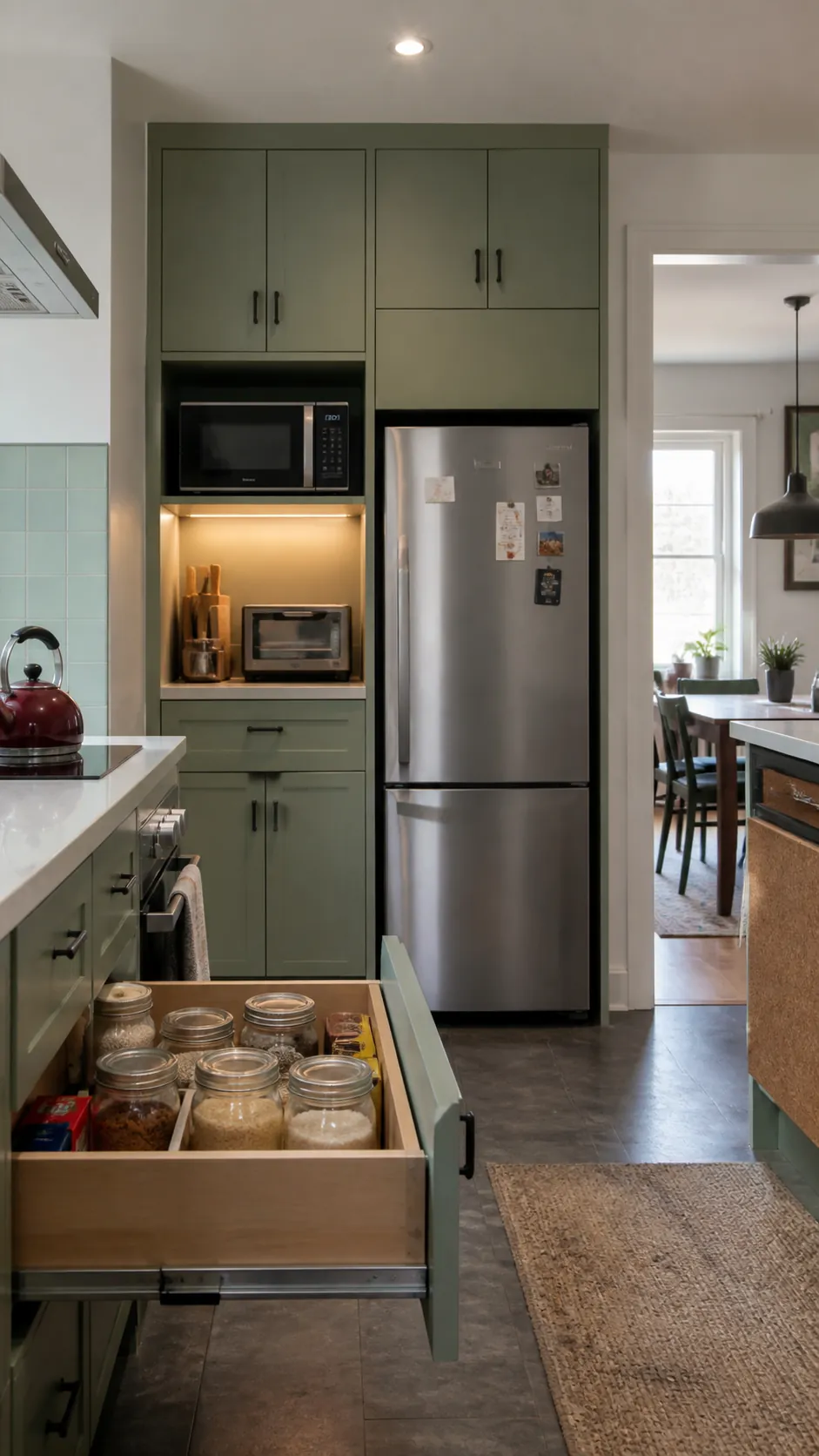 Ceiling-height storage wall in a narrow small house kitchen