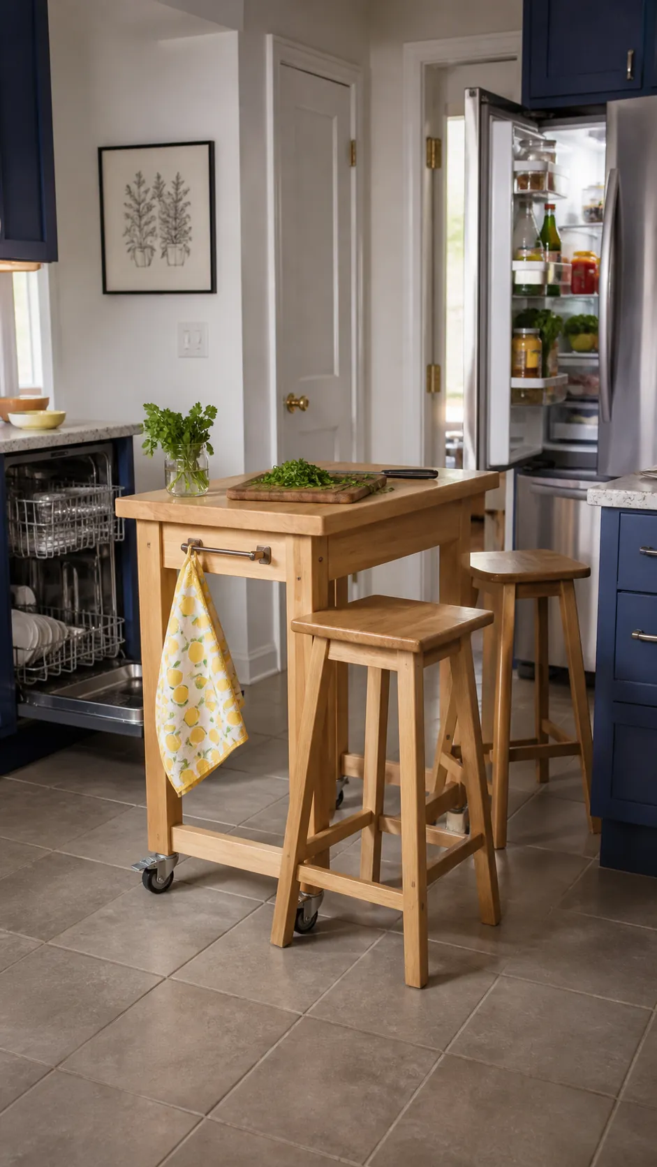 Movable kitchen island with locking casters in a compact home