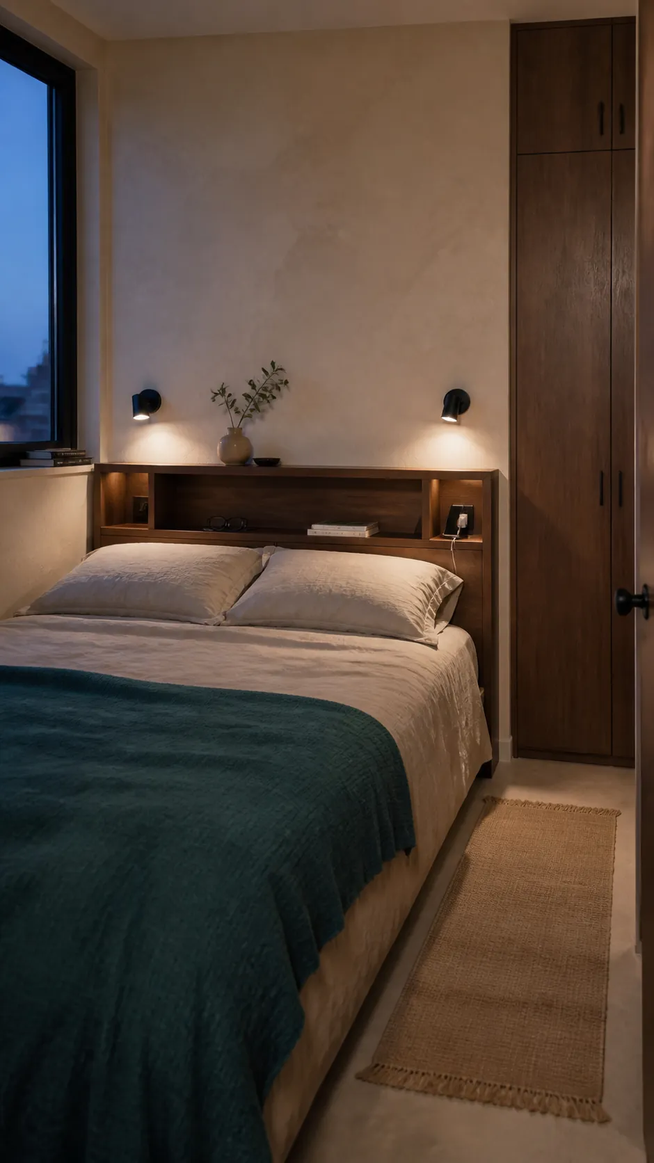 Small bedroom with a shallow storage headboard and integrated lights