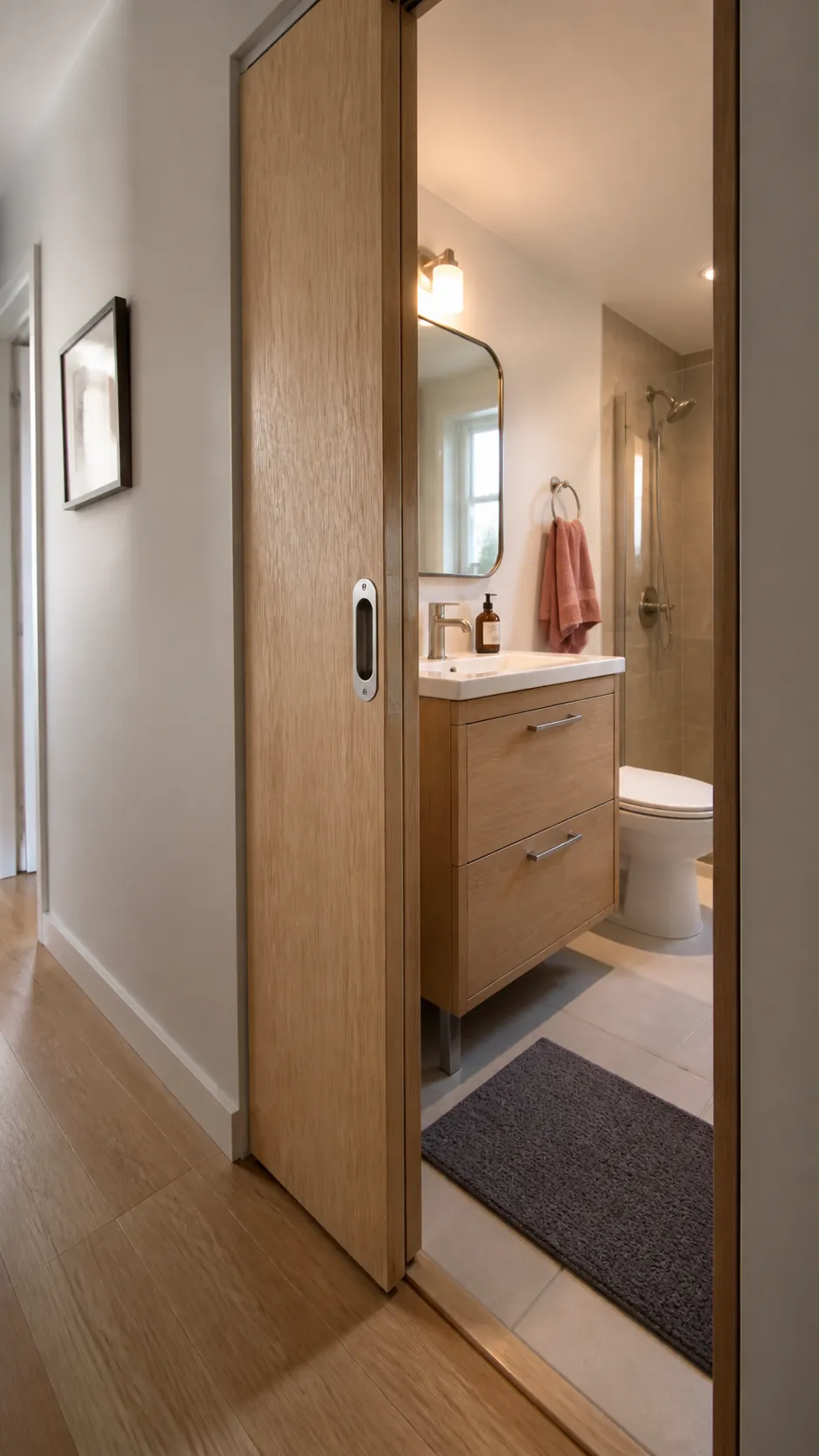 Pocket door opening into a compact small house bathroom