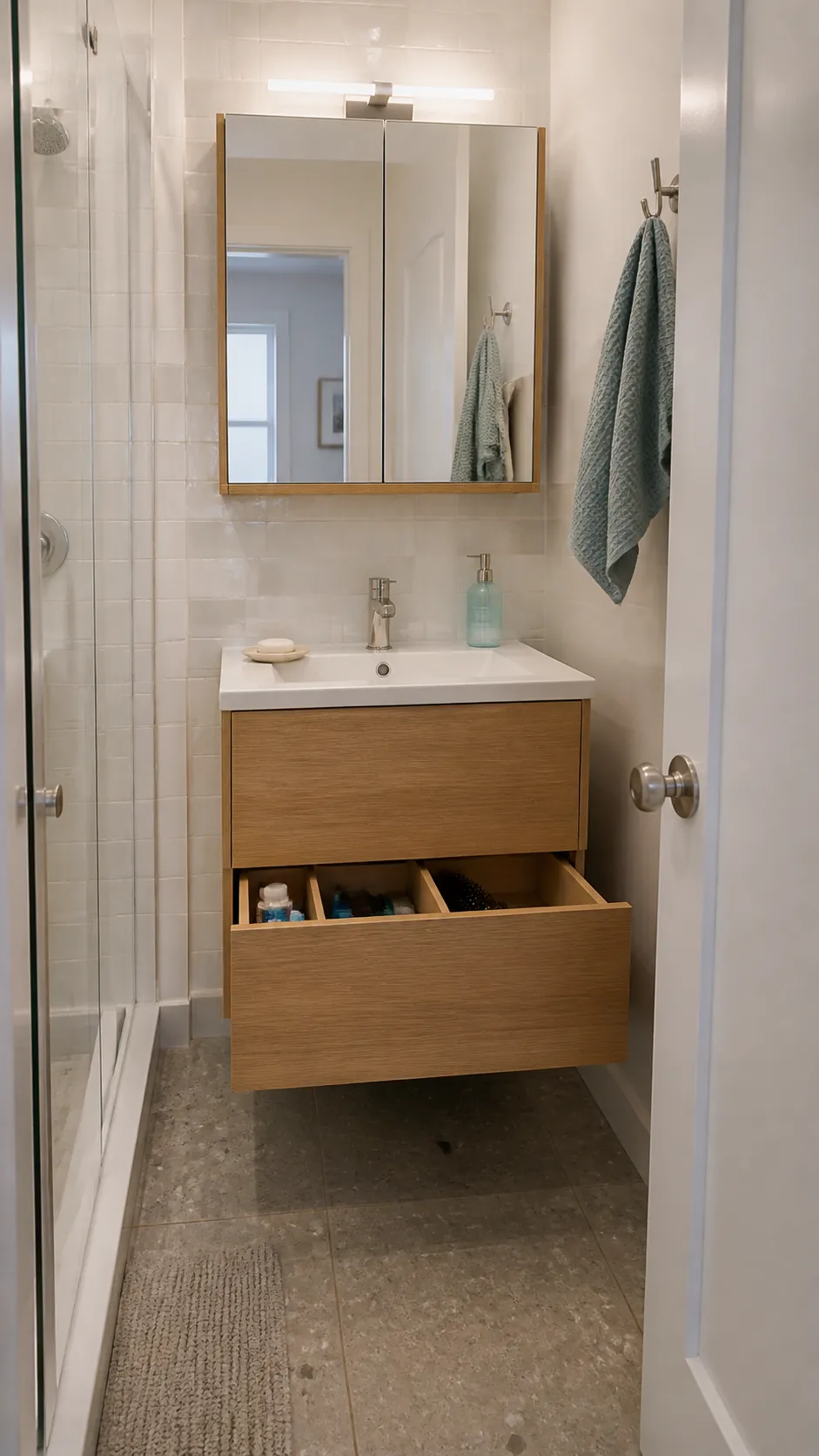 Wall-hung vanity revealing floor space in a compact bathroom
